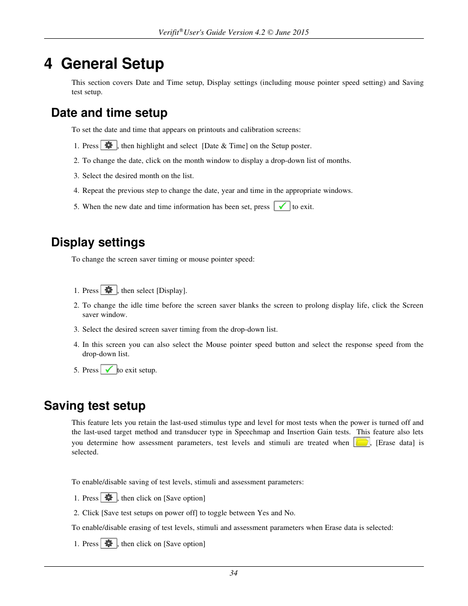 4 general setup, Date and time setup, Display settings | Saving test setup | Audioscan Verifit 2 User Manual | Page 34 / 156