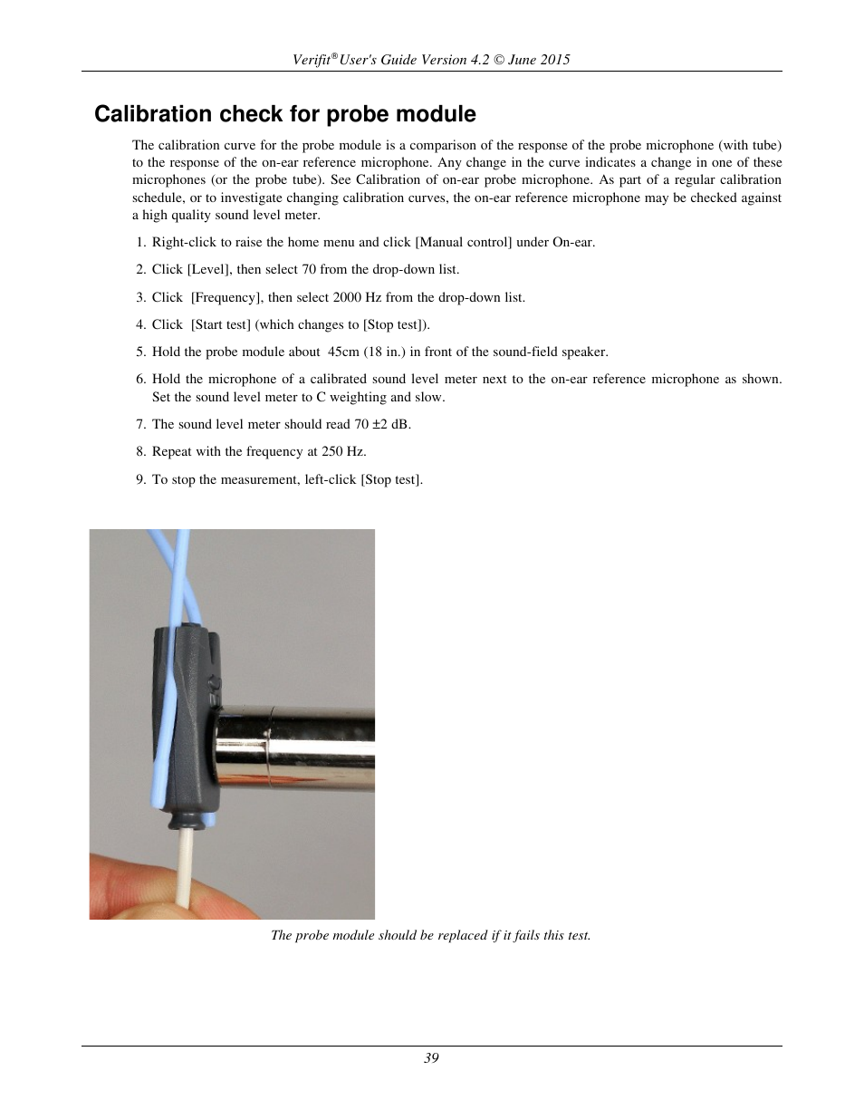 Calibration check for probe module | Audioscan Verifit 2 User Manual | Page 39 / 156