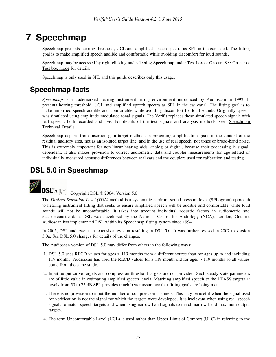 7 speechmap, Speechmap facts, Dsl 5.0 in speechmap | Audioscan Verifit 2 User Manual | Page 45 / 156