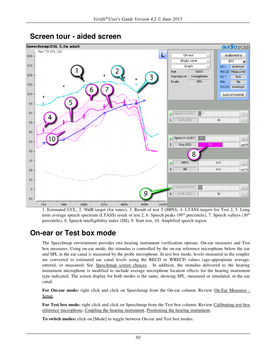 Screen tour - aided screen, On-ear or test box mode | Audioscan Verifit 2 User Manual | Page 50 / 156