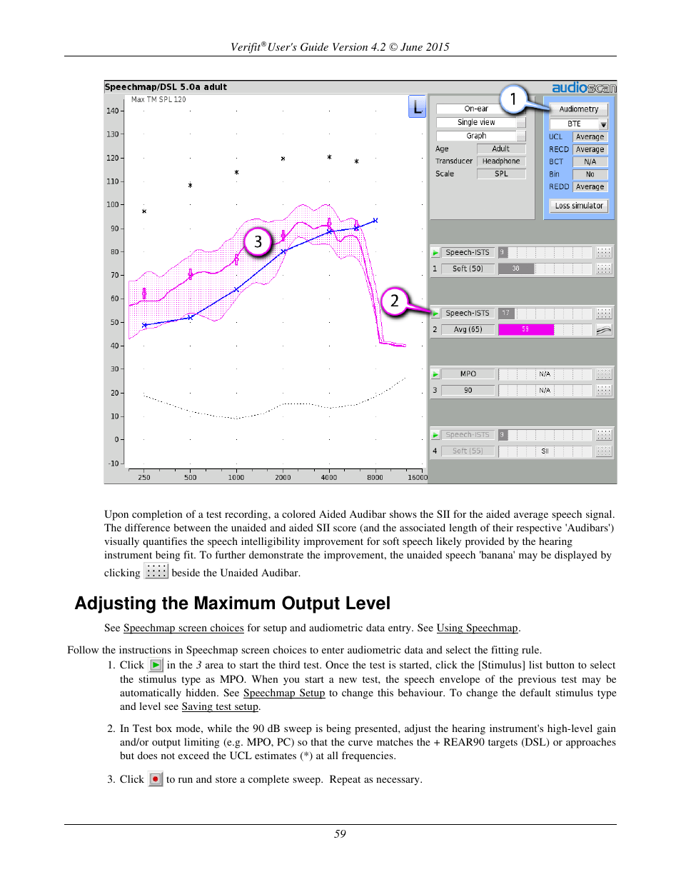 Adjusting the maximum output level | Audioscan Verifit 2 User Manual | Page 59 / 156