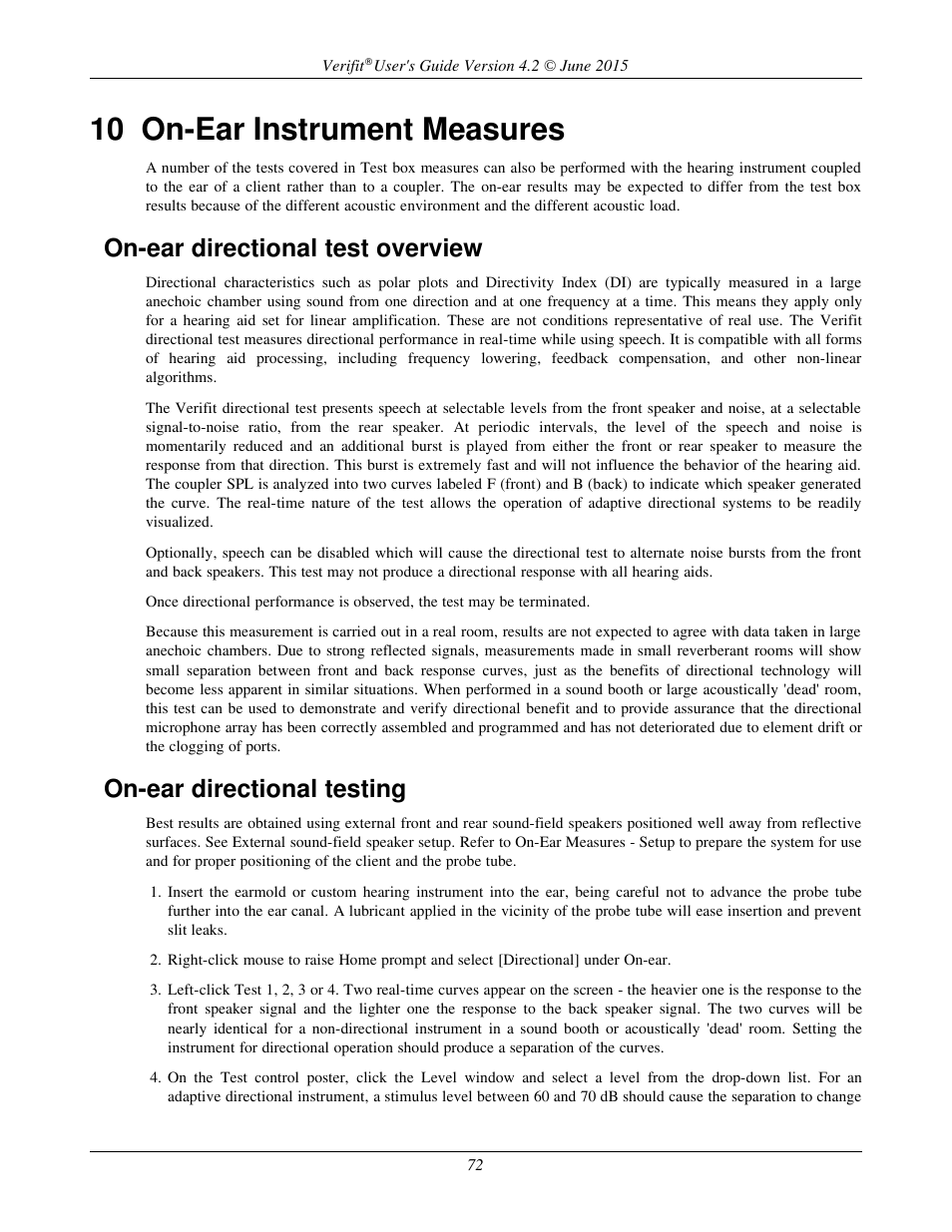 10 on-ear instrument measures, On-ear directional test overview, On-ear directional testing | Audioscan Verifit 2 User Manual | Page 72 / 156