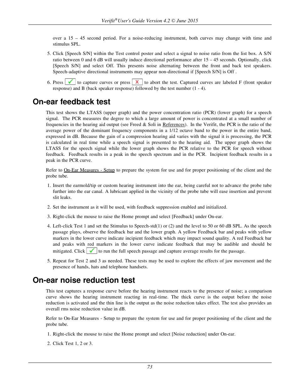 On-ear feedback test, On-ear noise reduction test | Audioscan Verifit 2 User Manual | Page 73 / 156