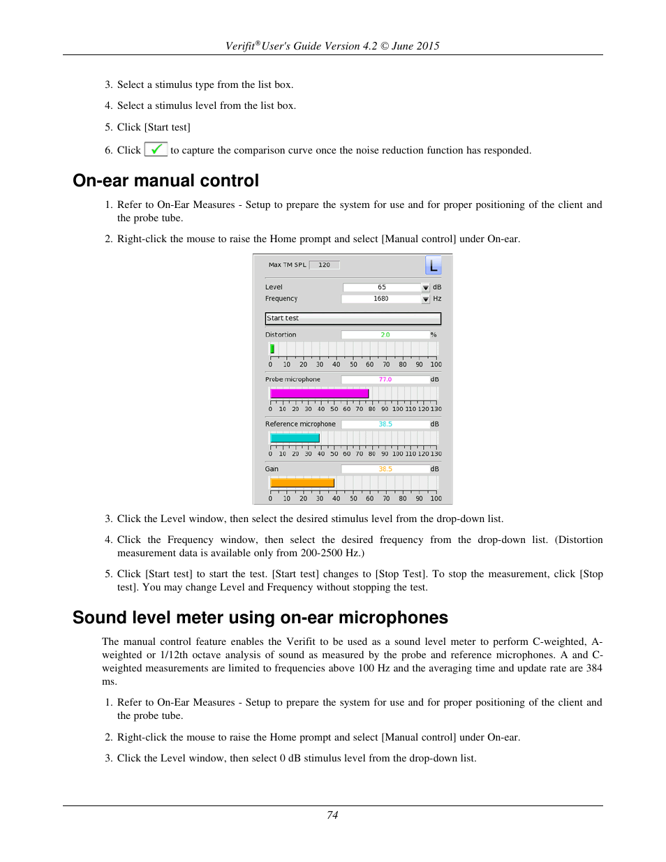 On-ear manual control, Sound level meter using on-ear microphones | Audioscan Verifit 2 User Manual | Page 74 / 156