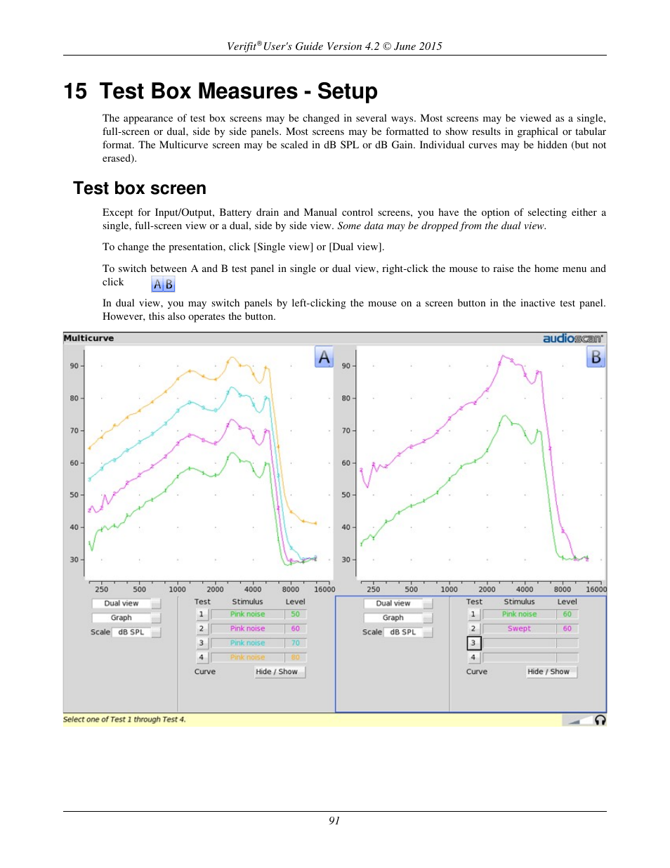 15 test box measures - setup, Test box screen | Audioscan Verifit 2 User Manual | Page 91 / 156