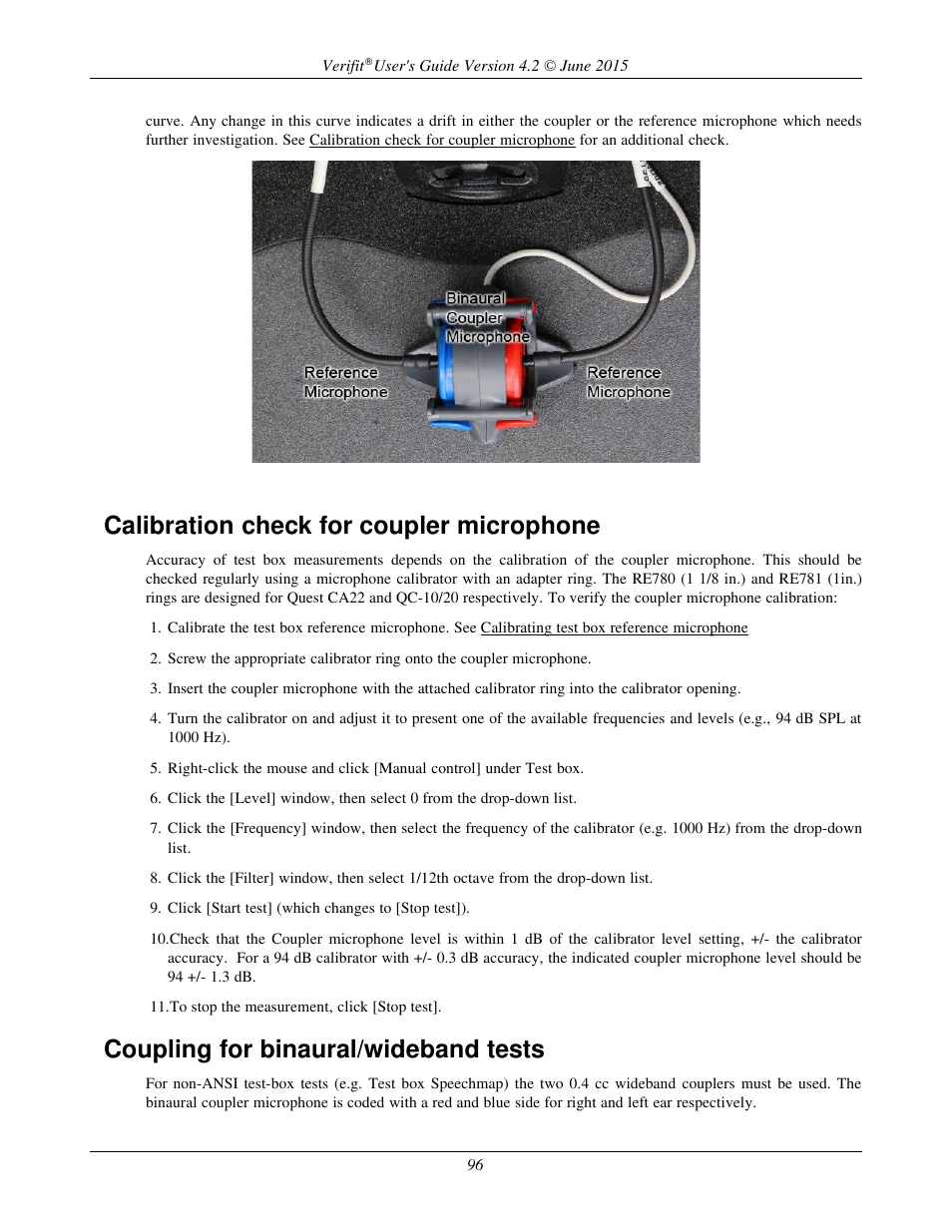 Calibration check for coupler microphone, Coupling for binaural/wideband tests | Audioscan Verifit 2 User Manual | Page 96 / 156