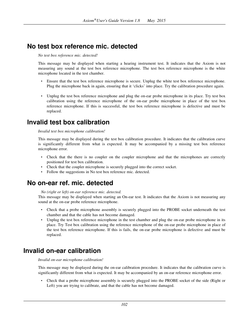 Sound-field speaker overdriven, Barcode scanner malfunction, No test box reference mic. detected | Invalid test box calibration, No on-ear ref. mic. detected, Invalid on-ear calibration | Audioscan Axiom User Manual | Page 102 / 130