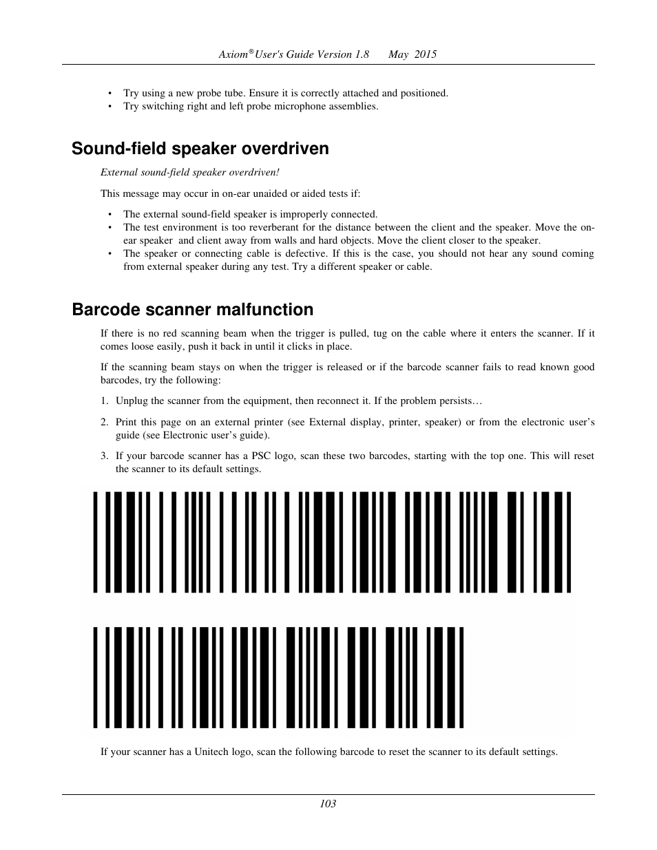 Sound-field speaker overdriven, Barcode scanner malfunction | Audioscan Axiom User Manual | Page 103 / 130