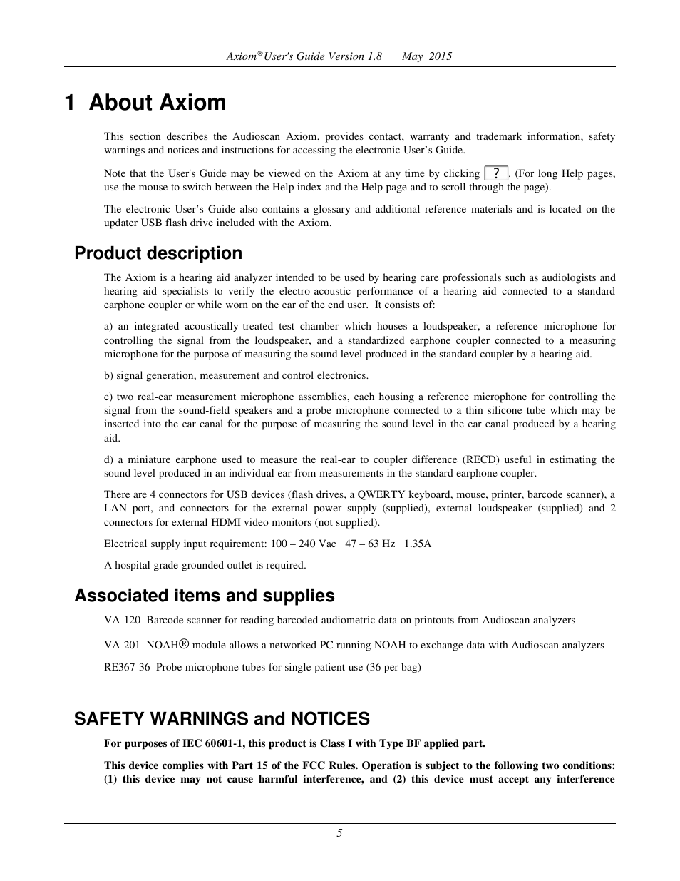 1 about axiom, Product description, Associated items and supplies | Safety warnings and notices | Audioscan Axiom User Manual | Page 5 / 130
