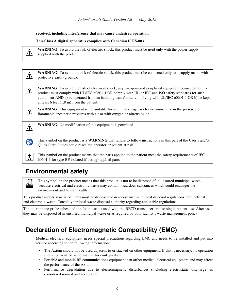 Environmental safety, Declaration of electromagnetic compatibility (emc) | Audioscan Axiom User Manual | Page 6 / 130
