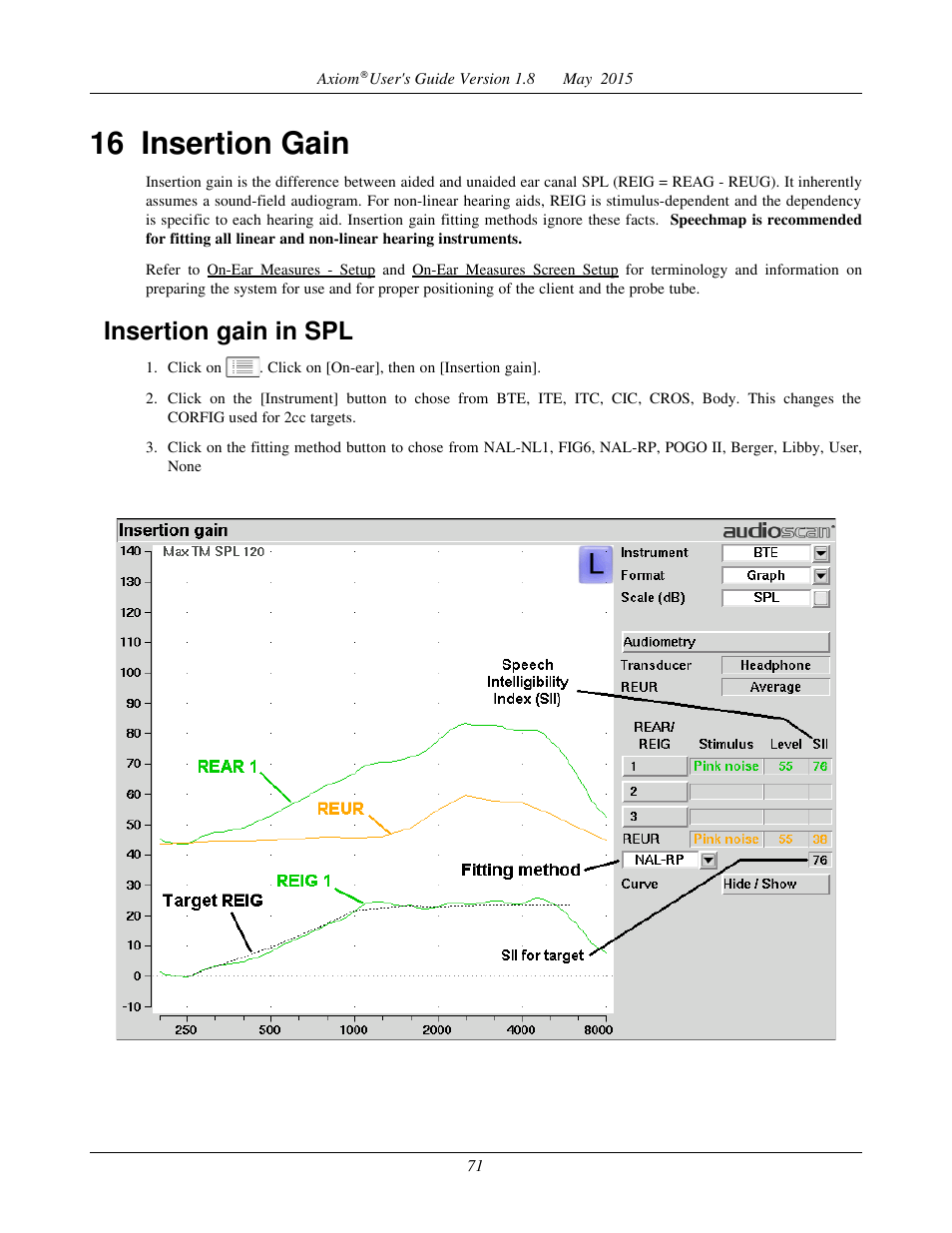 Insertion gain in hl, 16 insertion gain, Insertion gain in spl | Audioscan Axiom User Manual | Page 71 / 130