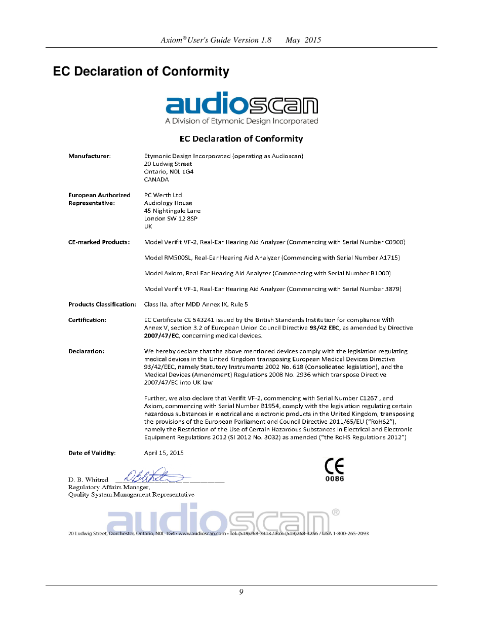 Ec declaration of conformity | Audioscan Axiom User Manual | Page 9 / 130