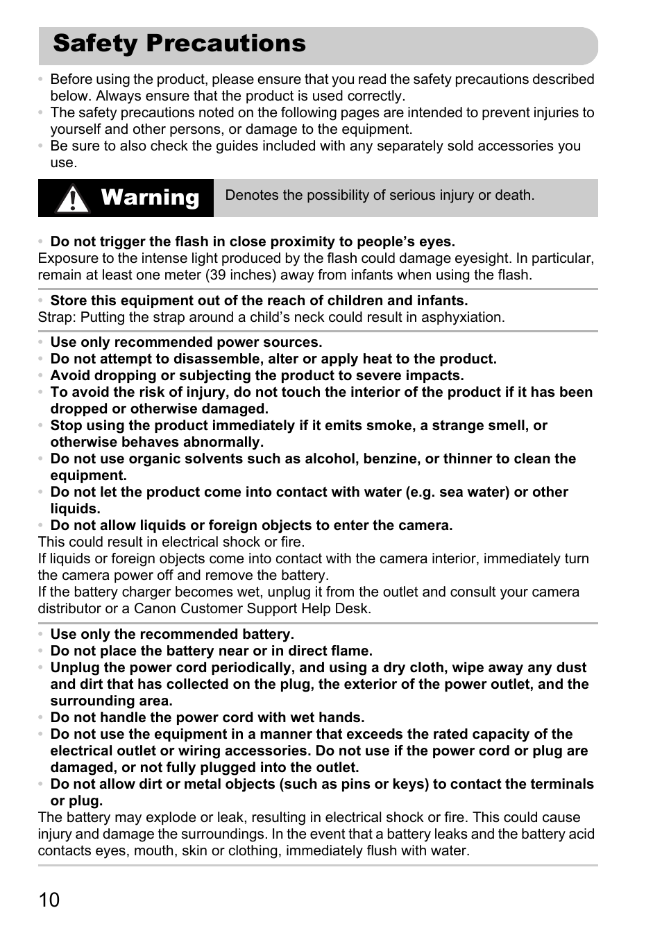 Safety precautions, Warning | Canon IXUS 115 HS User Manual | Page 10 / 209