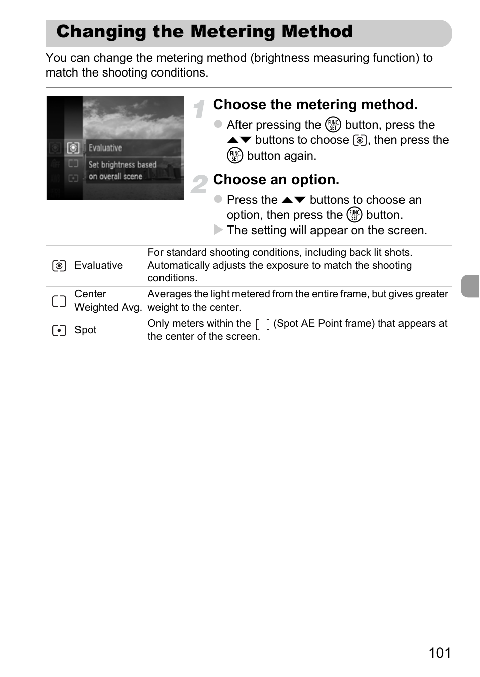 Changing the metering method, Choose the metering method, Choose an option | Canon IXUS 115 HS User Manual | Page 101 / 209