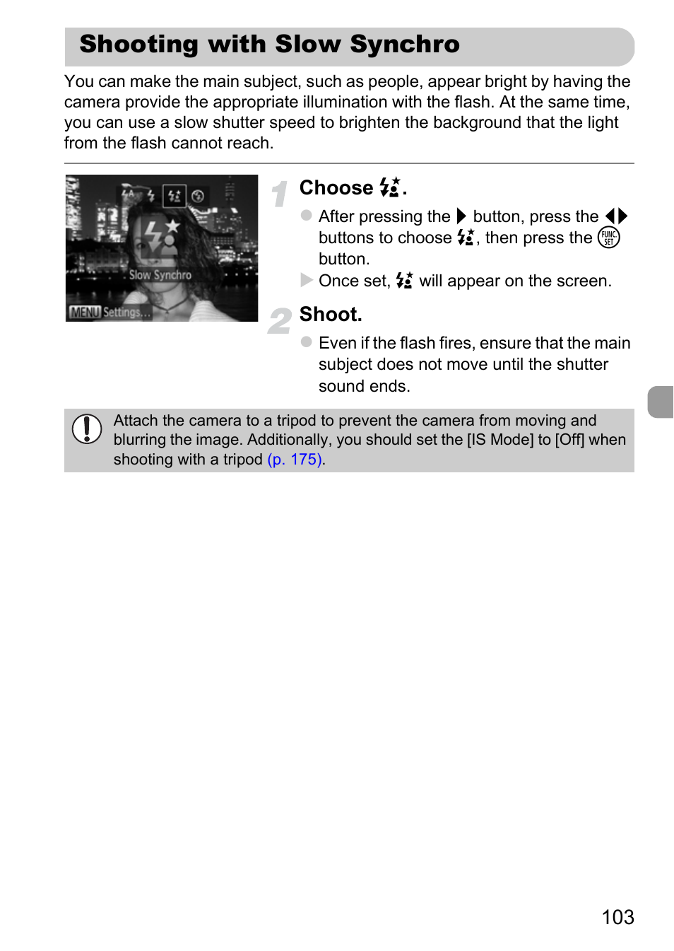 Shooting with slow synchro | Canon IXUS 115 HS User Manual | Page 103 / 209