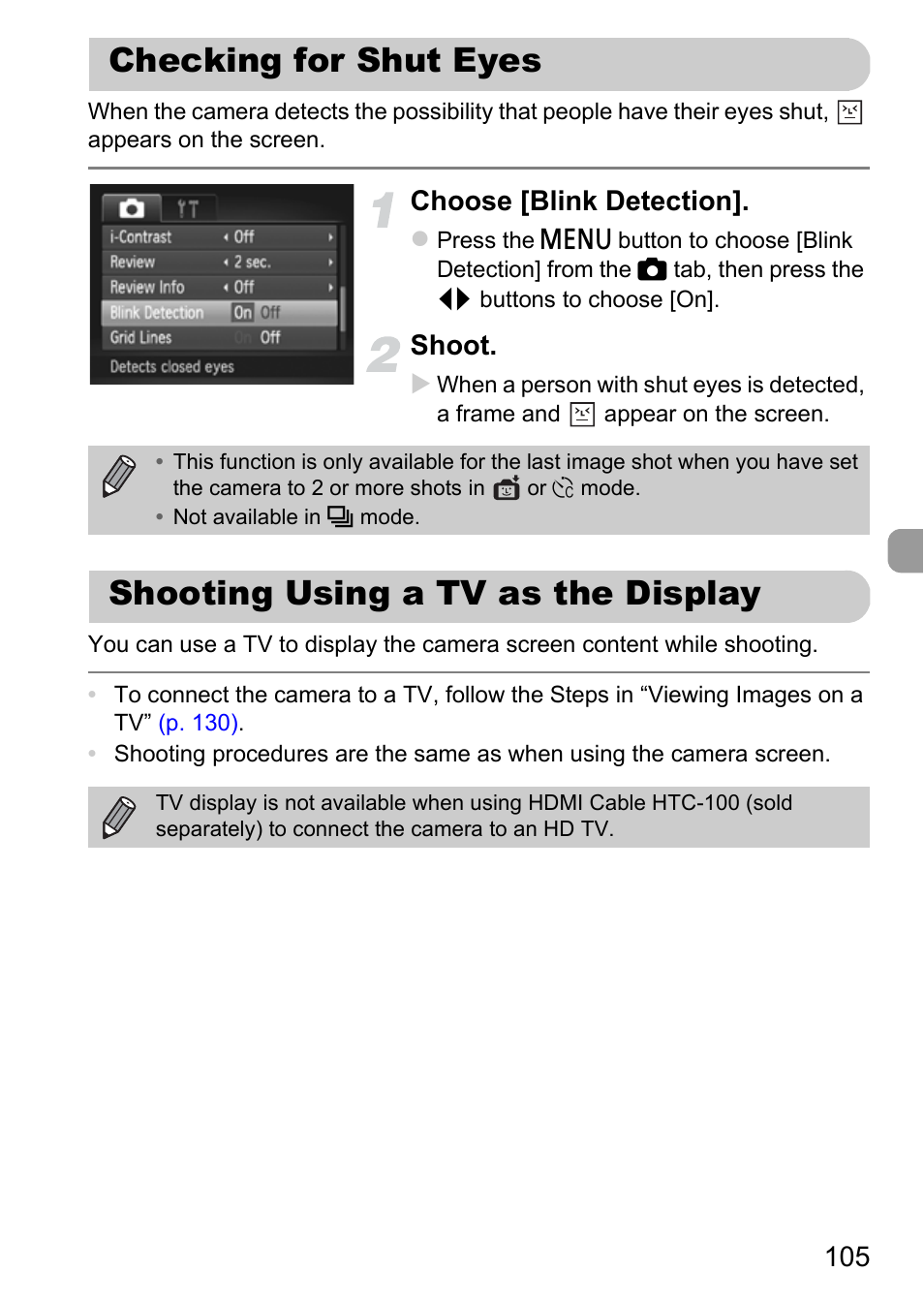 Checking for shut eyes, Shooting using a tv as the display, Checking for shut eyes shooting using a tv | As the display, P. 105), Choose [blink detection, Shoot | Canon IXUS 115 HS User Manual | Page 105 / 209