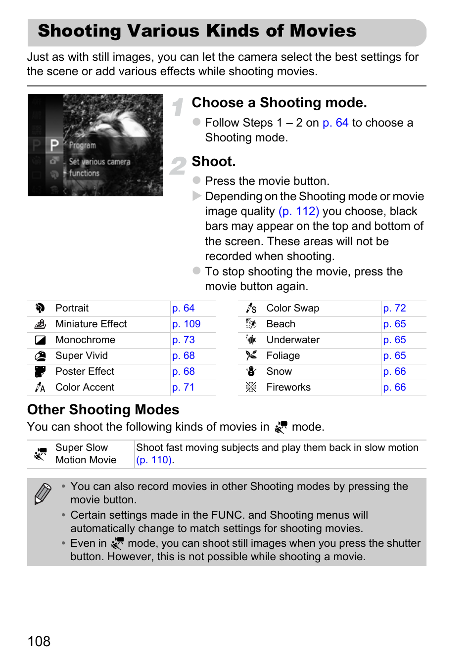 Shooting various kinds of movies, Shooting various kinds of, Movies | Choose a shooting mode, Shoot, Other shooting modes | Canon IXUS 115 HS User Manual | Page 108 / 209