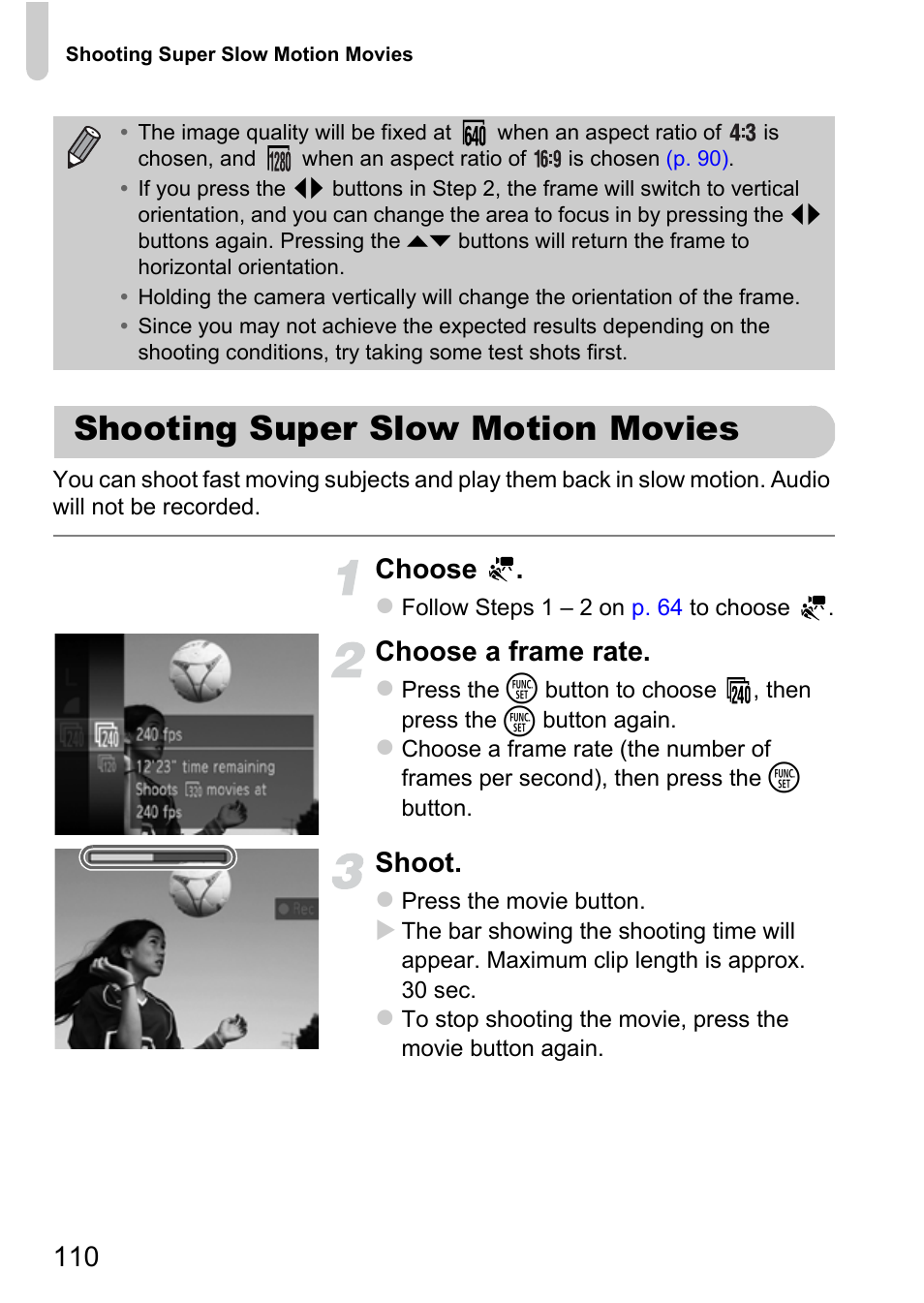 Shooting super slow motion movies, Shooting super slow motion, Movies | P. 110), Choose, Choose a frame rate, Shoot | Canon IXUS 115 HS User Manual | Page 110 / 209