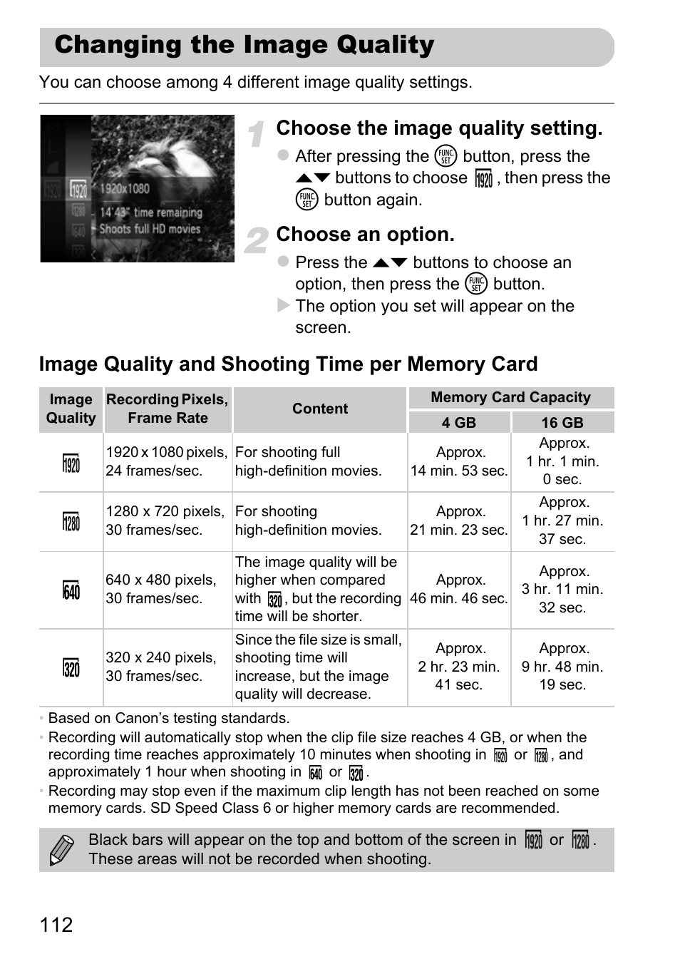 Changing the image quality, P. 112), Choose the image quality setting | Choose an option | Canon IXUS 115 HS User Manual | Page 112 / 209