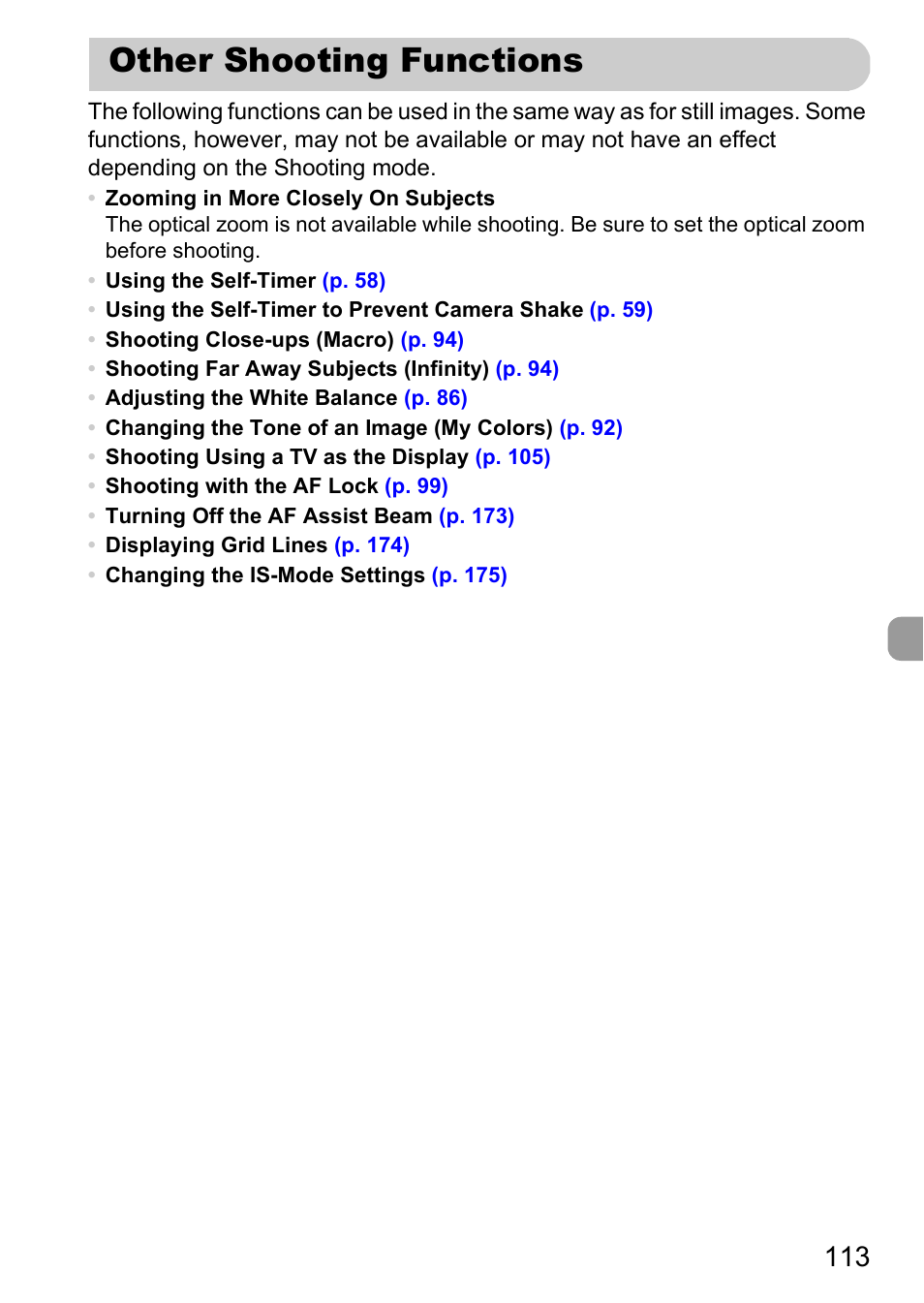 Other shooting functions | Canon IXUS 115 HS User Manual | Page 113 / 209