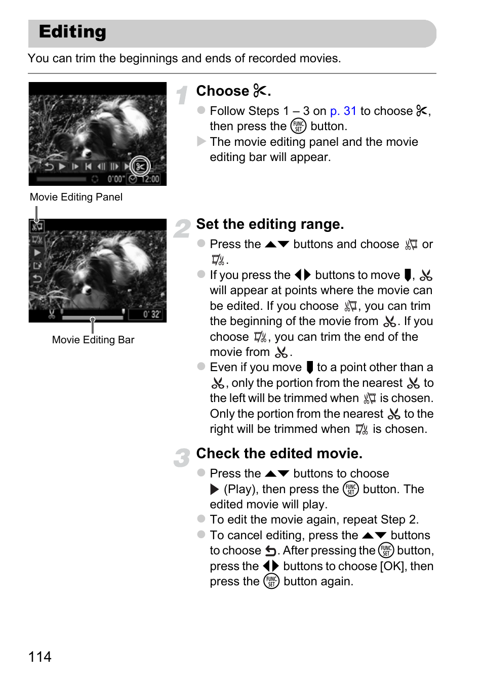 Editing, Choose, Set the editing range | Check the edited movie | Canon IXUS 115 HS User Manual | Page 114 / 209