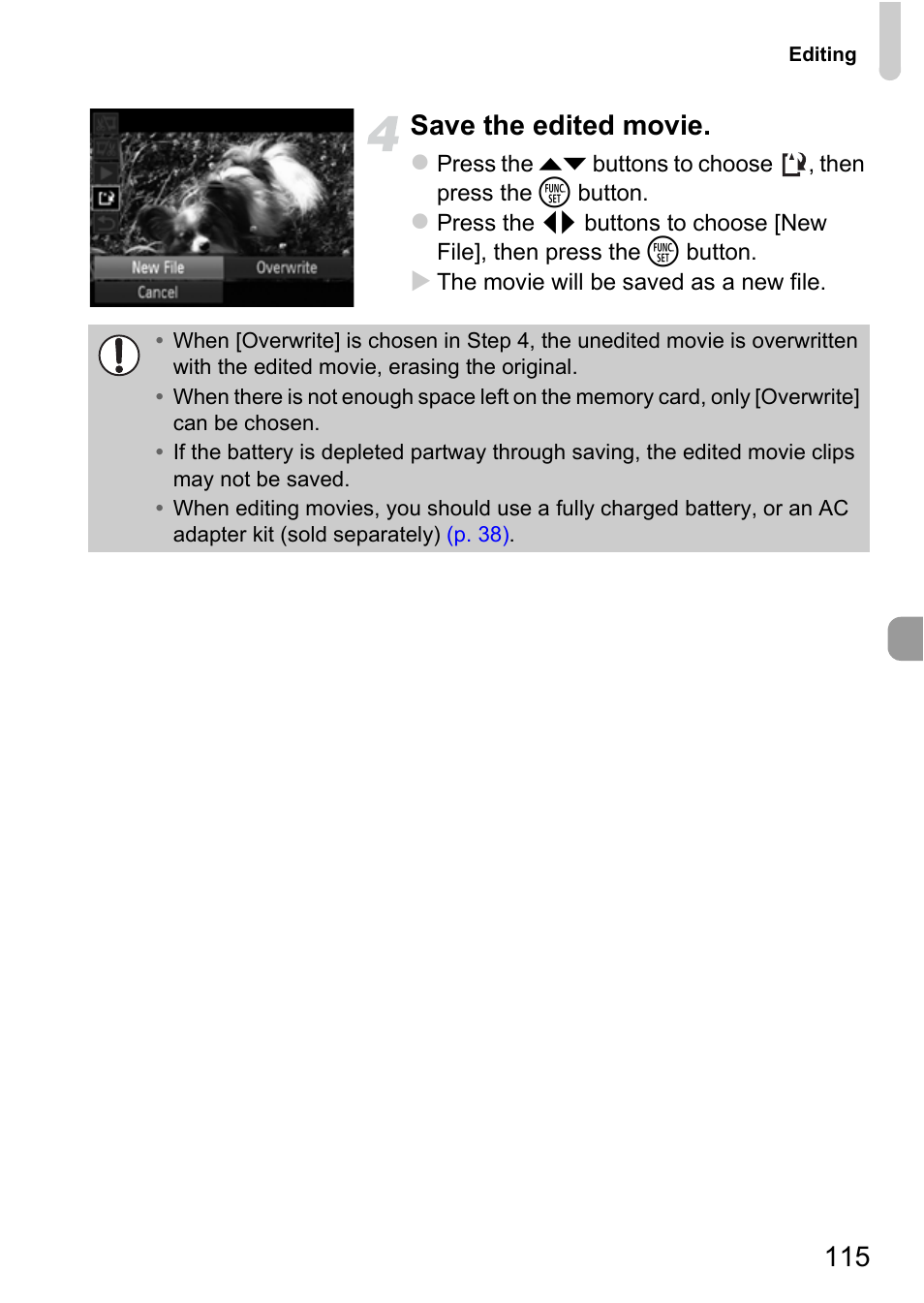 115 save the edited movie | Canon IXUS 115 HS User Manual | Page 115 / 209