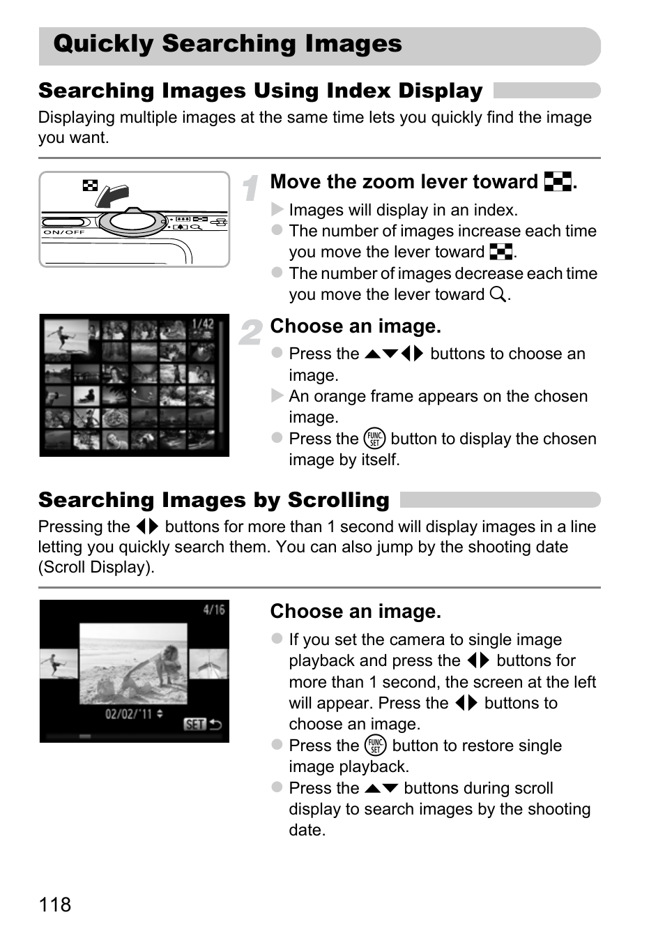 Quickly searching images, P. 118), Pp. 118 | Searching images using index display, Searching images by scrolling | Canon IXUS 115 HS User Manual | Page 118 / 209