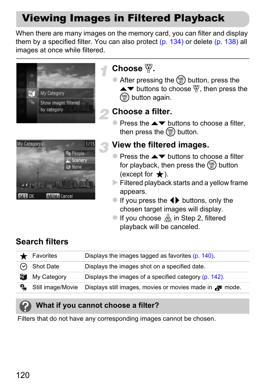 Viewing images in filtered playback, Viewing images in filtered, Playback | P. 120), Choose, Choose a filter, View the filtered images, Search filters | Canon IXUS 115 HS User Manual | Page 120 / 209