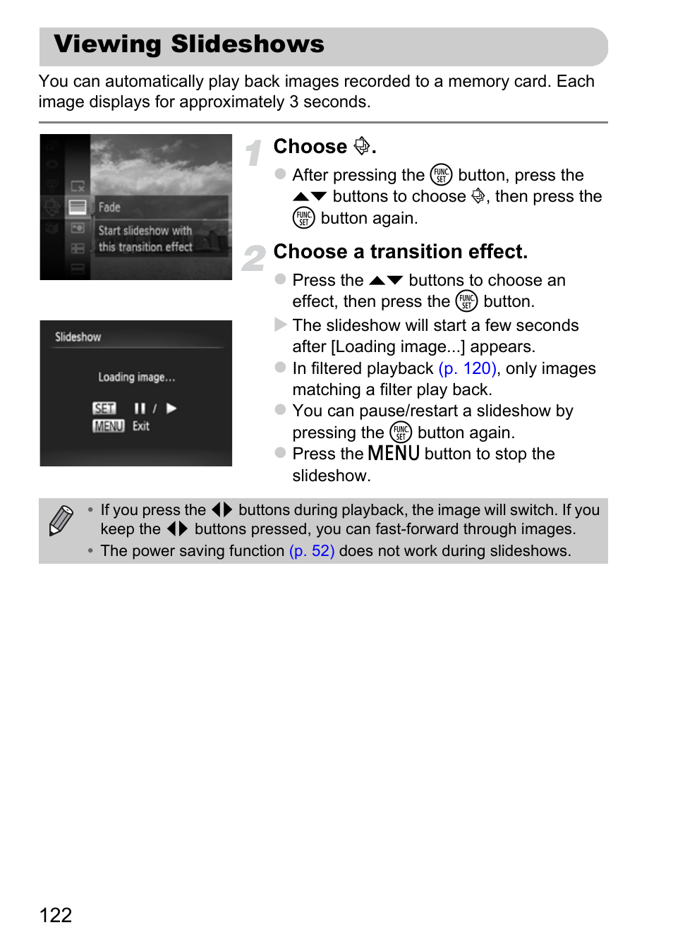 Viewing slideshows, P. 122), Choose | Choose a transition effect | Canon IXUS 115 HS User Manual | Page 122 / 209