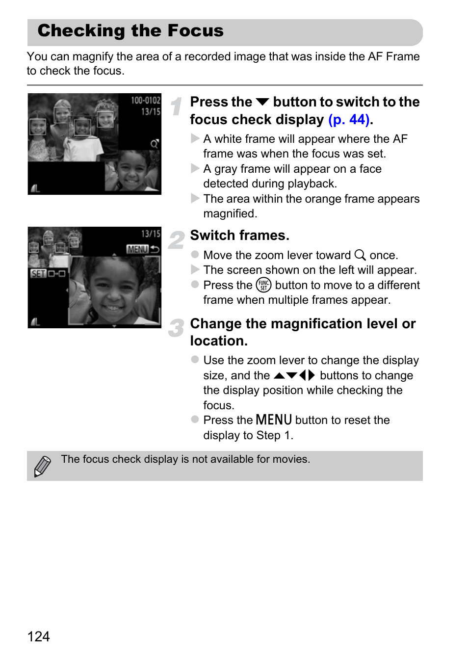 Checking the focus, Display, P. 124) | Canon IXUS 115 HS User Manual | Page 124 / 209