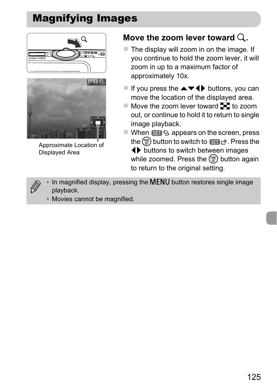 Magnifying images, P. 125), 125 move the zoom lever toward k | Canon IXUS 115 HS User Manual | Page 125 / 209