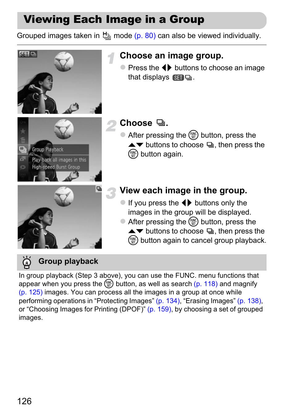 Viewing each image in a group, Ually, P. 126) | Choose an image group, Choose, View each image in the group | Canon IXUS 115 HS User Manual | Page 126 / 209