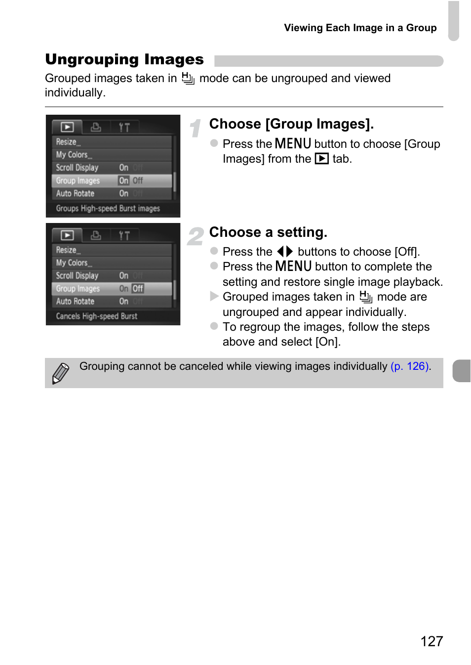 P. 127), Ungrouping images, Choose [group images | Choose a setting | Canon IXUS 115 HS User Manual | Page 127 / 209