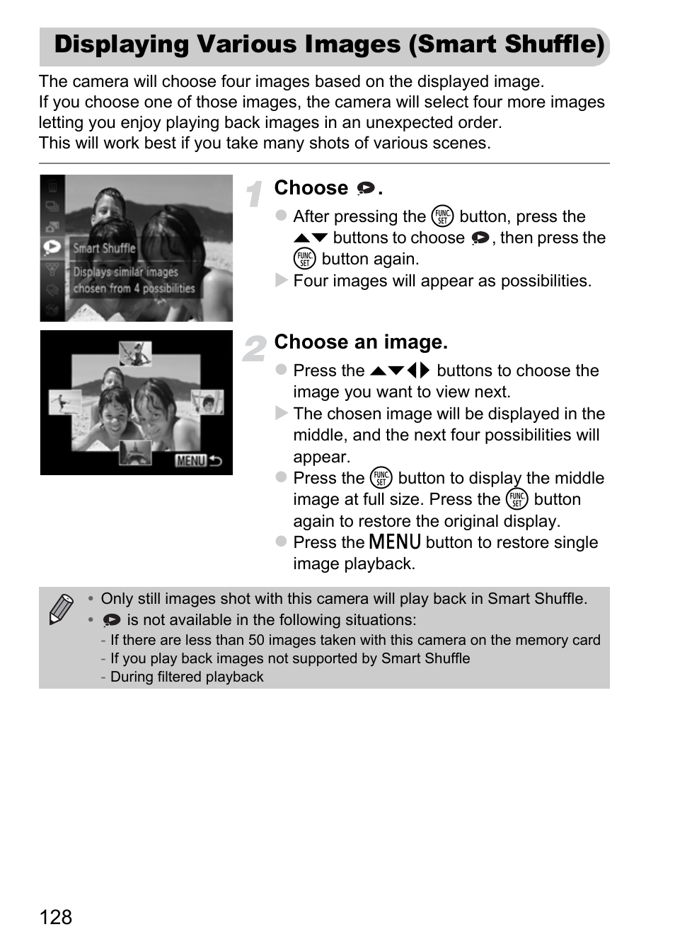 Displaying various images (smart shuffle), Displaying various images, Smart shuffle) | P. 128), Choose, Choose an image | Canon IXUS 115 HS User Manual | Page 128 / 209