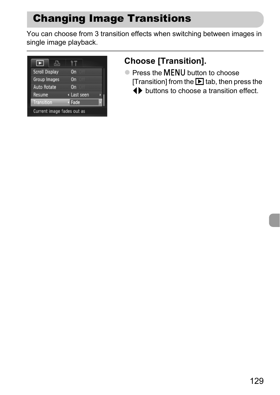 Changing image transitions | Canon IXUS 115 HS User Manual | Page 129 / 209