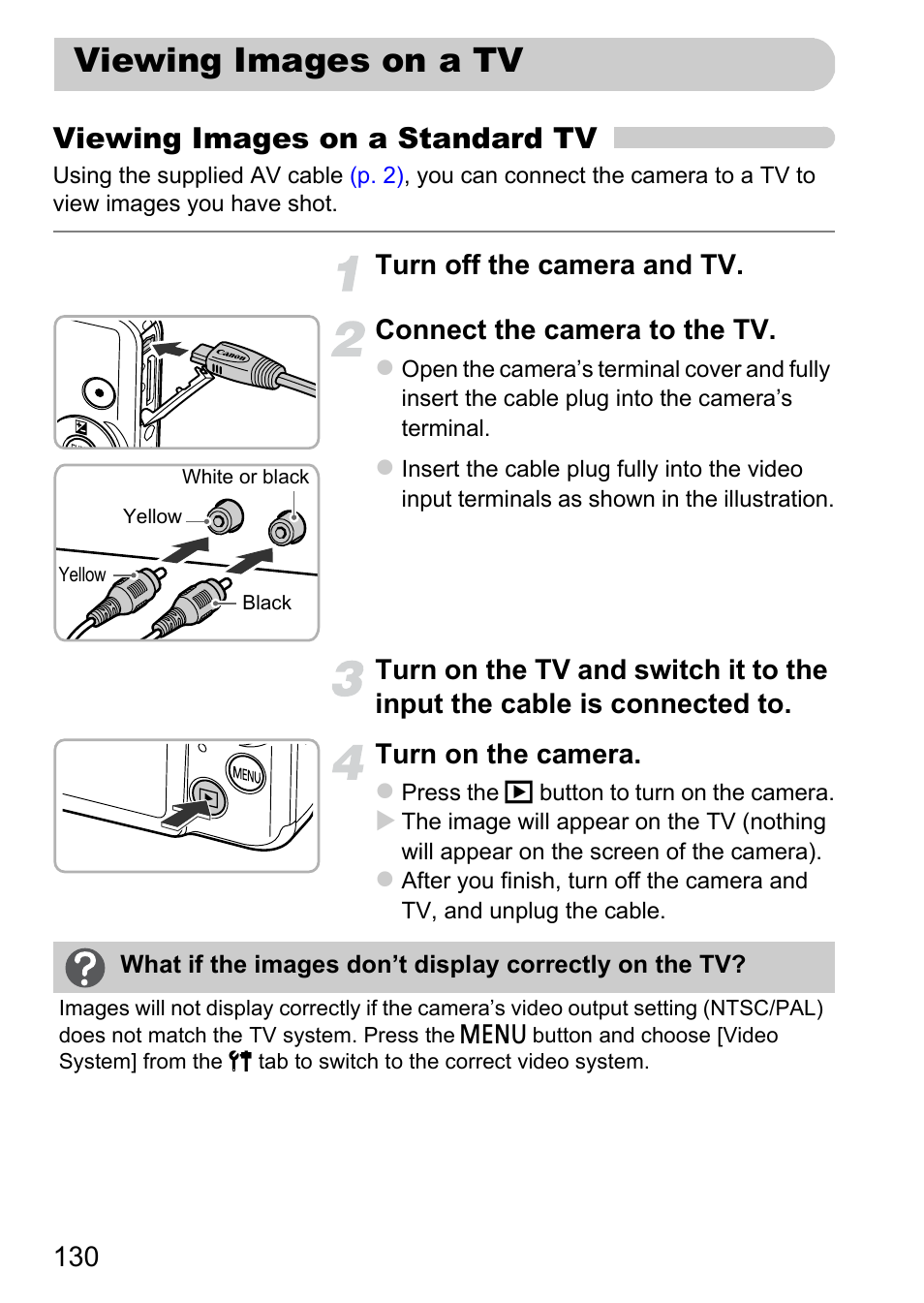 Viewing images on a tv, P. 130), Viewing images on a standard tv | Canon IXUS 115 HS User Manual | Page 130 / 209