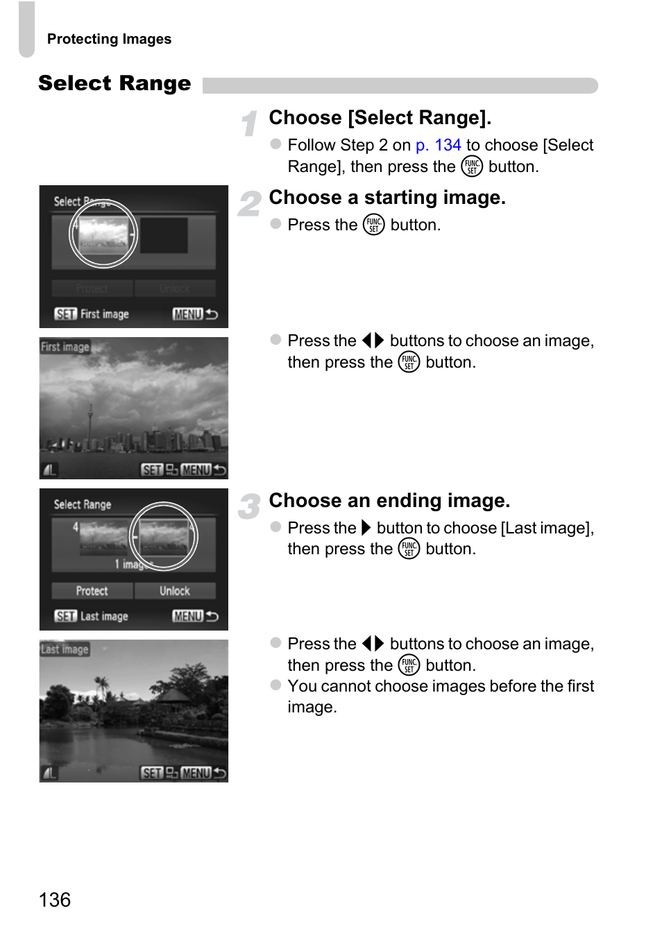 Select range, Choose [select range, Choose a starting image | Choose an ending image | Canon IXUS 115 HS User Manual | Page 136 / 209