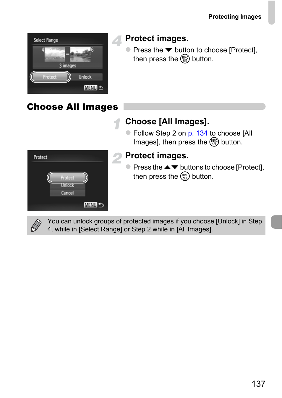 Choose all images, 137 protect images, Choose [all images | Protect images | Canon IXUS 115 HS User Manual | Page 137 / 209