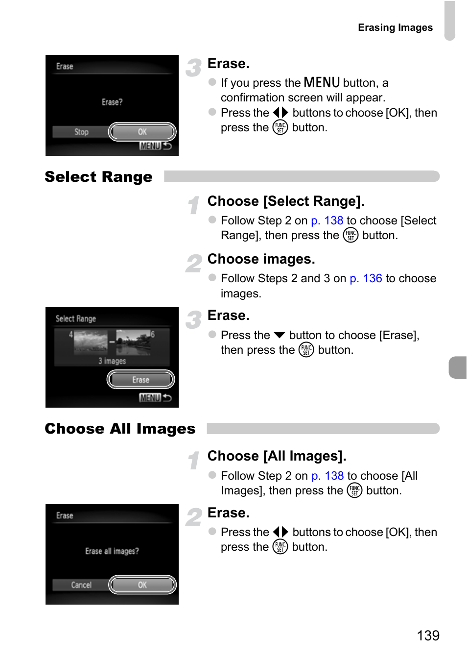 Select range, Choose all images, 139 erase | Choose [select range, Choose images, Erase, Choose [all images | Canon IXUS 115 HS User Manual | Page 139 / 209