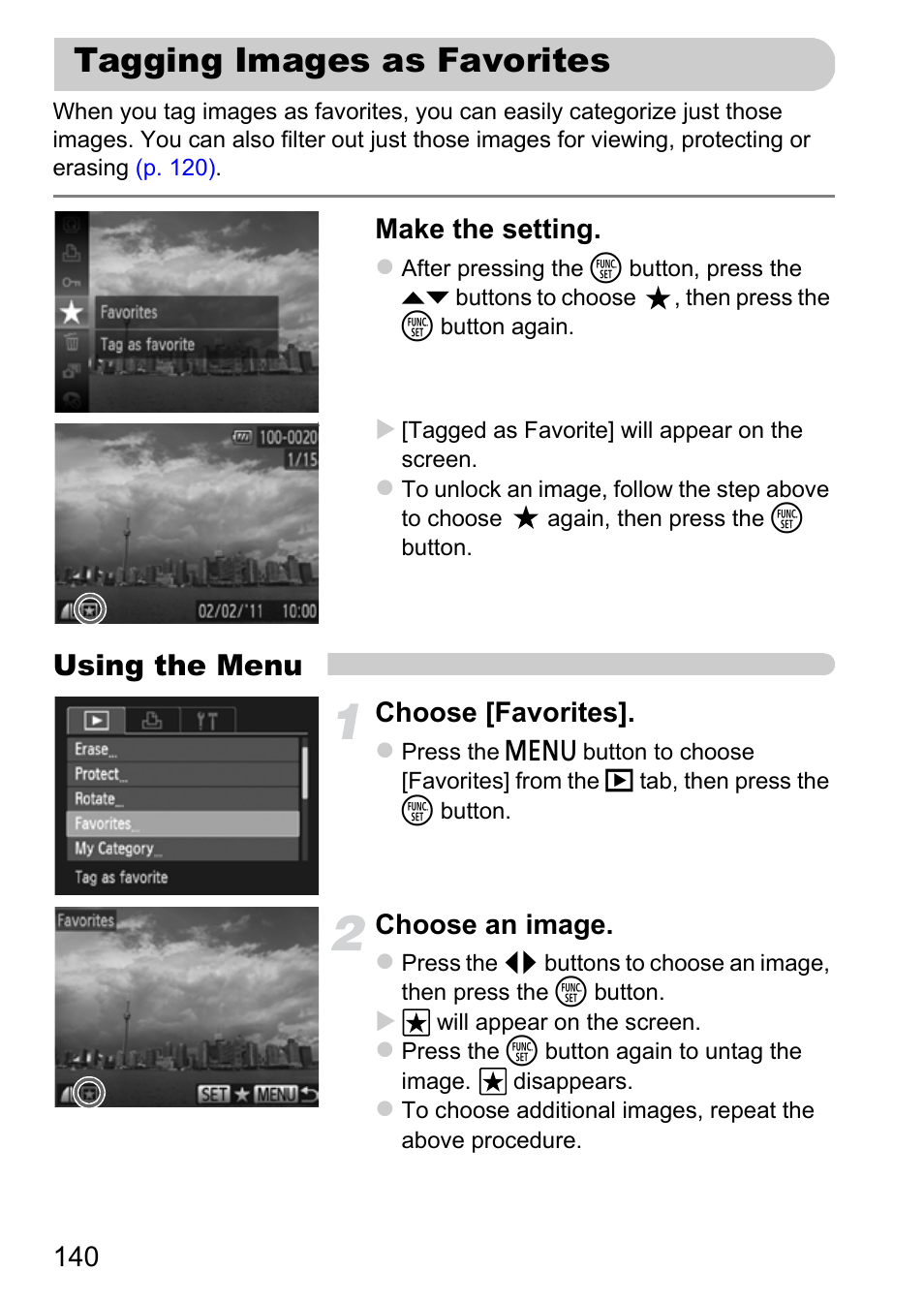 Tagging images as favorites, P. 140), Using the menu | Make the setting, Choose [favorites, Choose an image | Canon IXUS 115 HS User Manual | Page 140 / 209