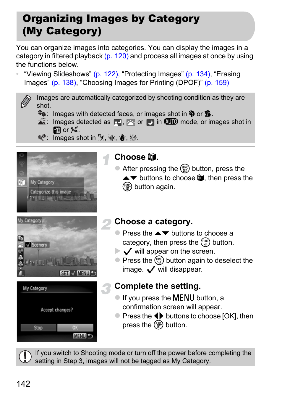 Organizing images by category (my category), Organizing images by category, My category) | P. 142), Choose, Choose a category, Complete the setting | Canon IXUS 115 HS User Manual | Page 142 / 209