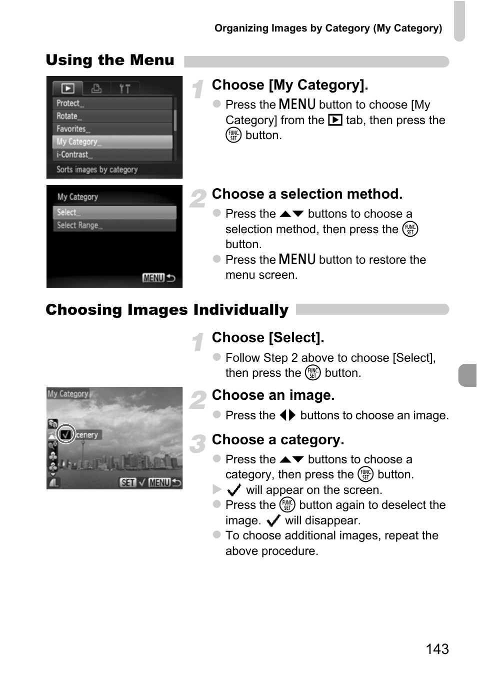 Using the menu, Choosing images individually, Choose [my category | Choose a selection method, Choose [select, Choose an image, Choose a category | Canon IXUS 115 HS User Manual | Page 143 / 209