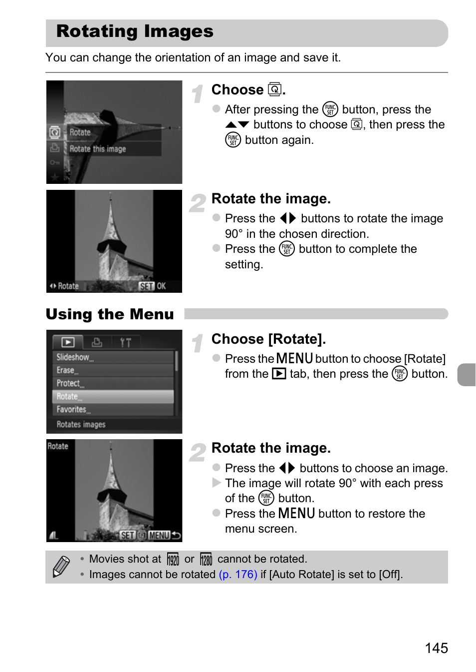 Rotating images, Pp. 145, Using the menu | Choose, Rotate the image, Choose [rotate | Canon IXUS 115 HS User Manual | Page 145 / 209