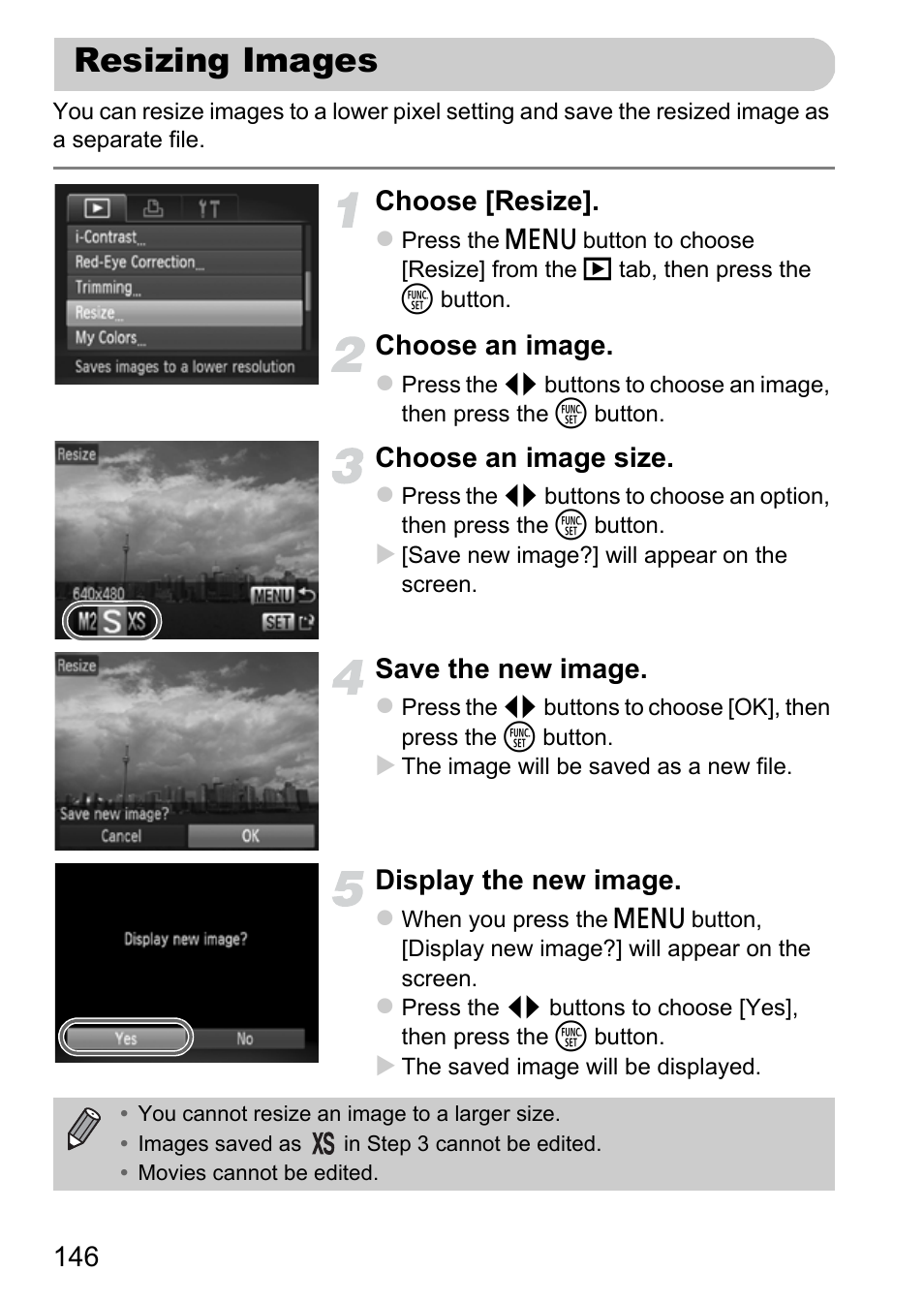 Resizing images, Pp. 146, Mage | P. 146), A mess, Choose [resize, Choose an image, Choose an image size, Save the new image, Display the new image | Canon IXUS 115 HS User Manual | Page 146 / 209