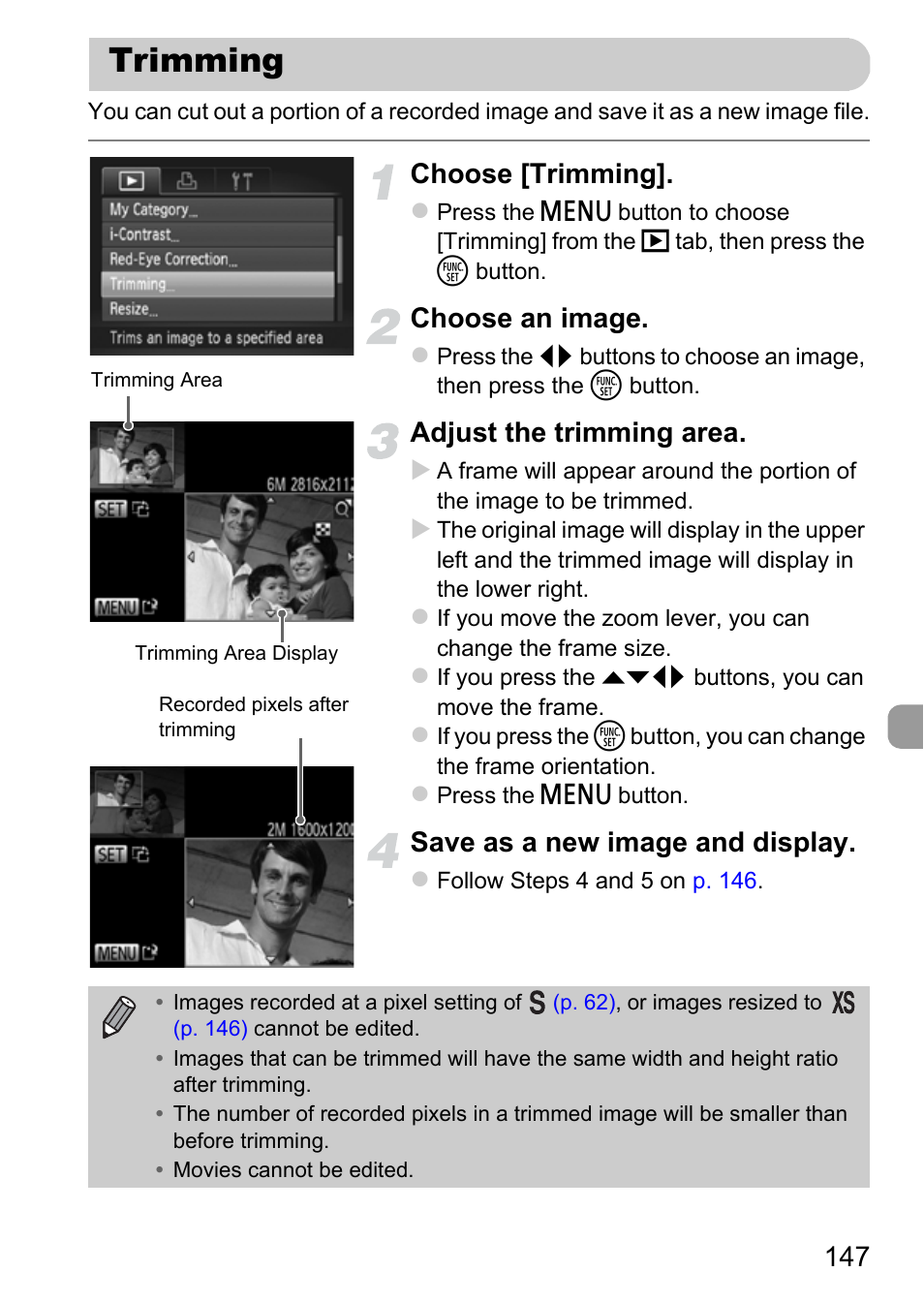 Trimming, Choose [trimming, Choose an image | Adjust the trimming area, Save as a new image and display | Canon IXUS 115 HS User Manual | Page 147 / 209