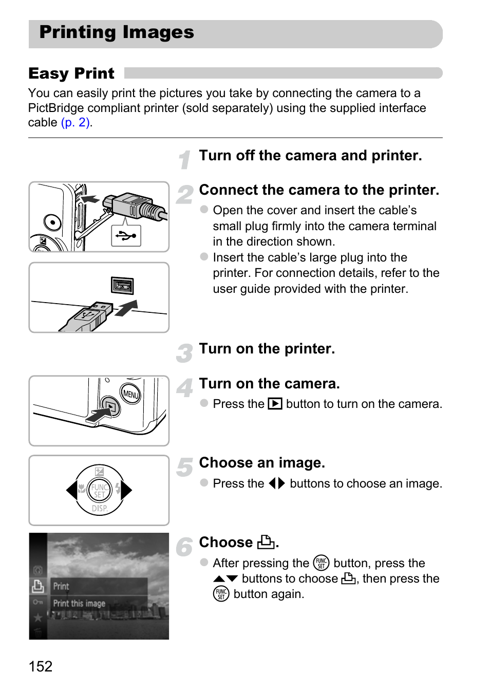 Printing images, P. 152), Easy print | Canon IXUS 115 HS User Manual | Page 152 / 209