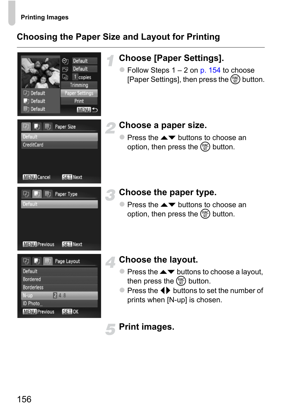 Choose a paper size, Choose the paper type, Choose the layout | Print images | Canon IXUS 115 HS User Manual | Page 156 / 209