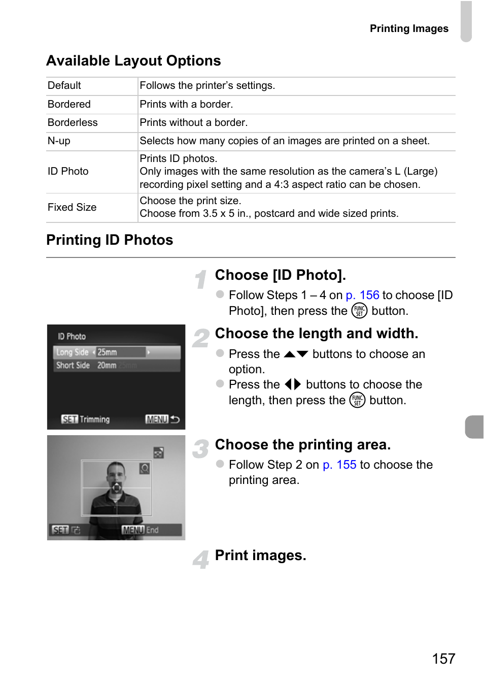 Choose the length and width, Choose the printing area, Print images | Canon IXUS 115 HS User Manual | Page 157 / 209