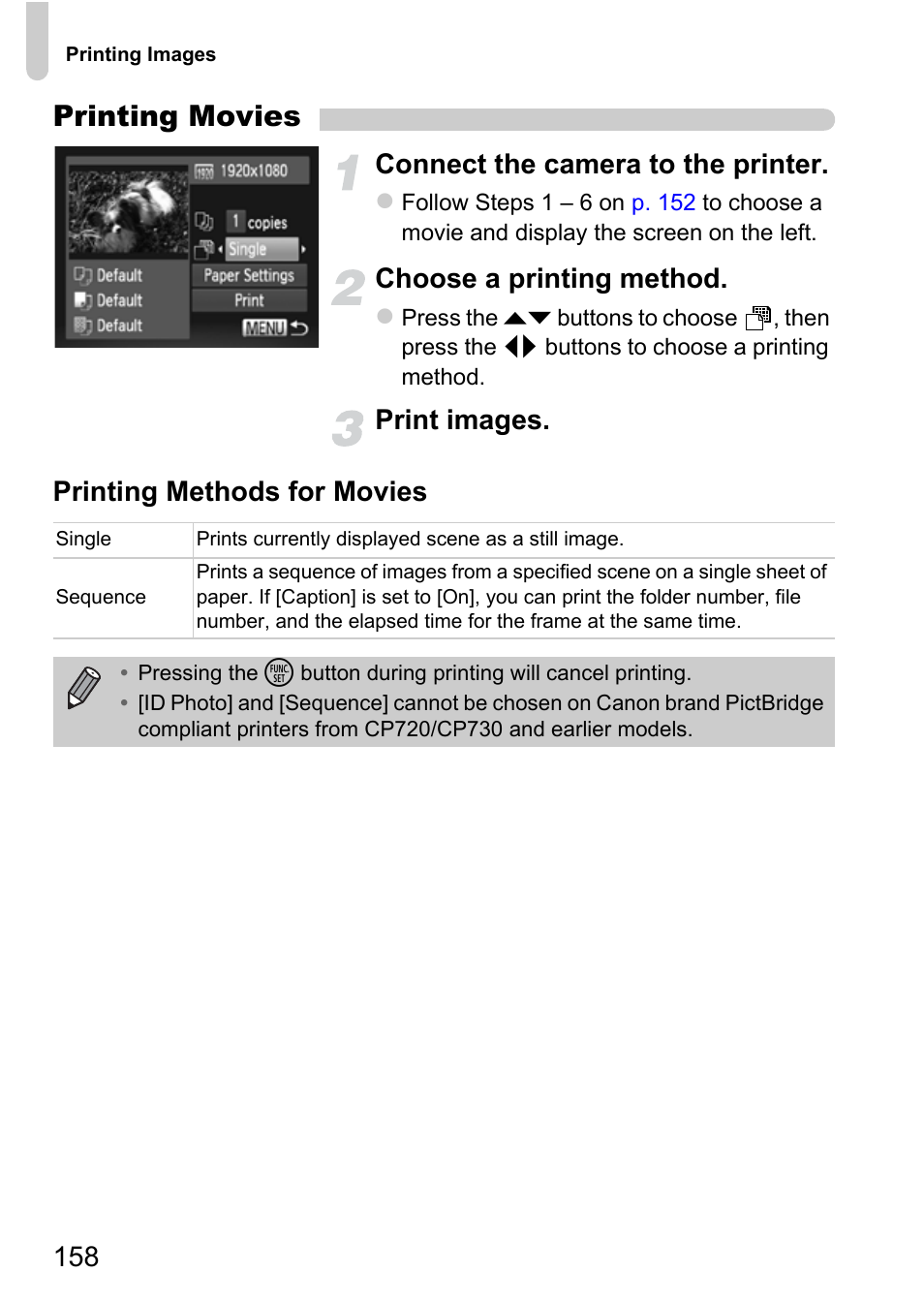 Printing movies, Connect the camera to the printer, Choose a printing method | Print images. printing methods for movies | Canon IXUS 115 HS User Manual | Page 158 / 209