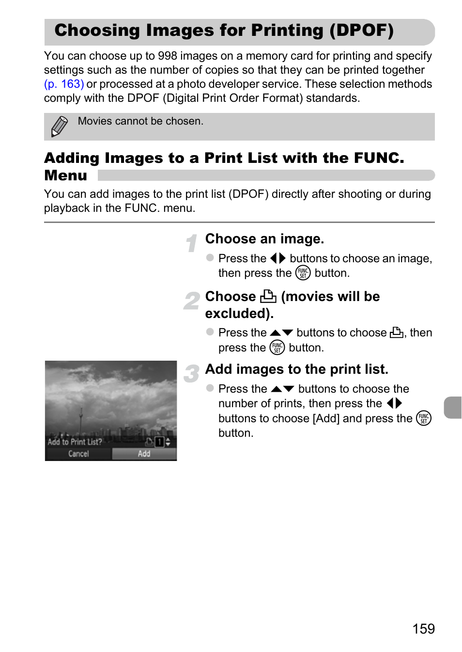 Choosing images for printing (dpof), Choosing images for printing, Dpof) | P. 159), Adding images to a print list with the func. menu | Canon IXUS 115 HS User Manual | Page 159 / 209